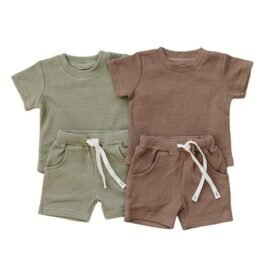 Hot summer casual waffle set for baby boys soft cotton waffle clothing set for children