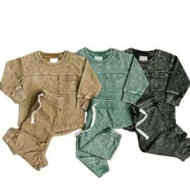 Hot selling acid wash set for baby boys soft cotton french terry clothing set for toddler