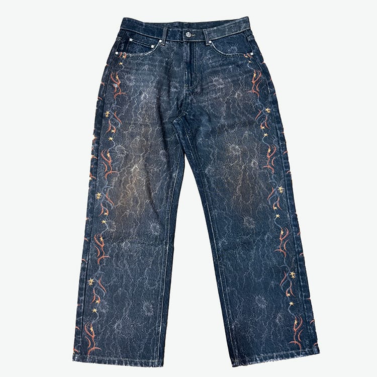 Front view of custom men's 3D digital printing denim pants showing intricate printed pattern
