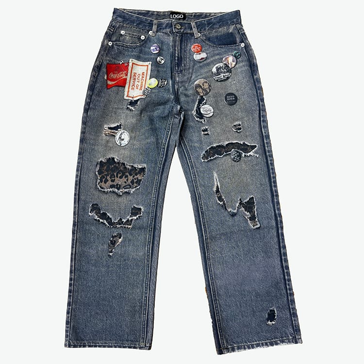 Custom wholesale distressed and ripped digital printing men's jeans front view