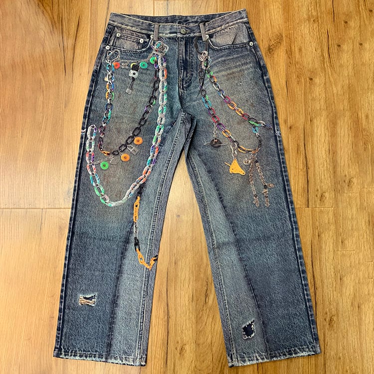 Custom digital printed denim jeans for men front view by Lianwang Garment