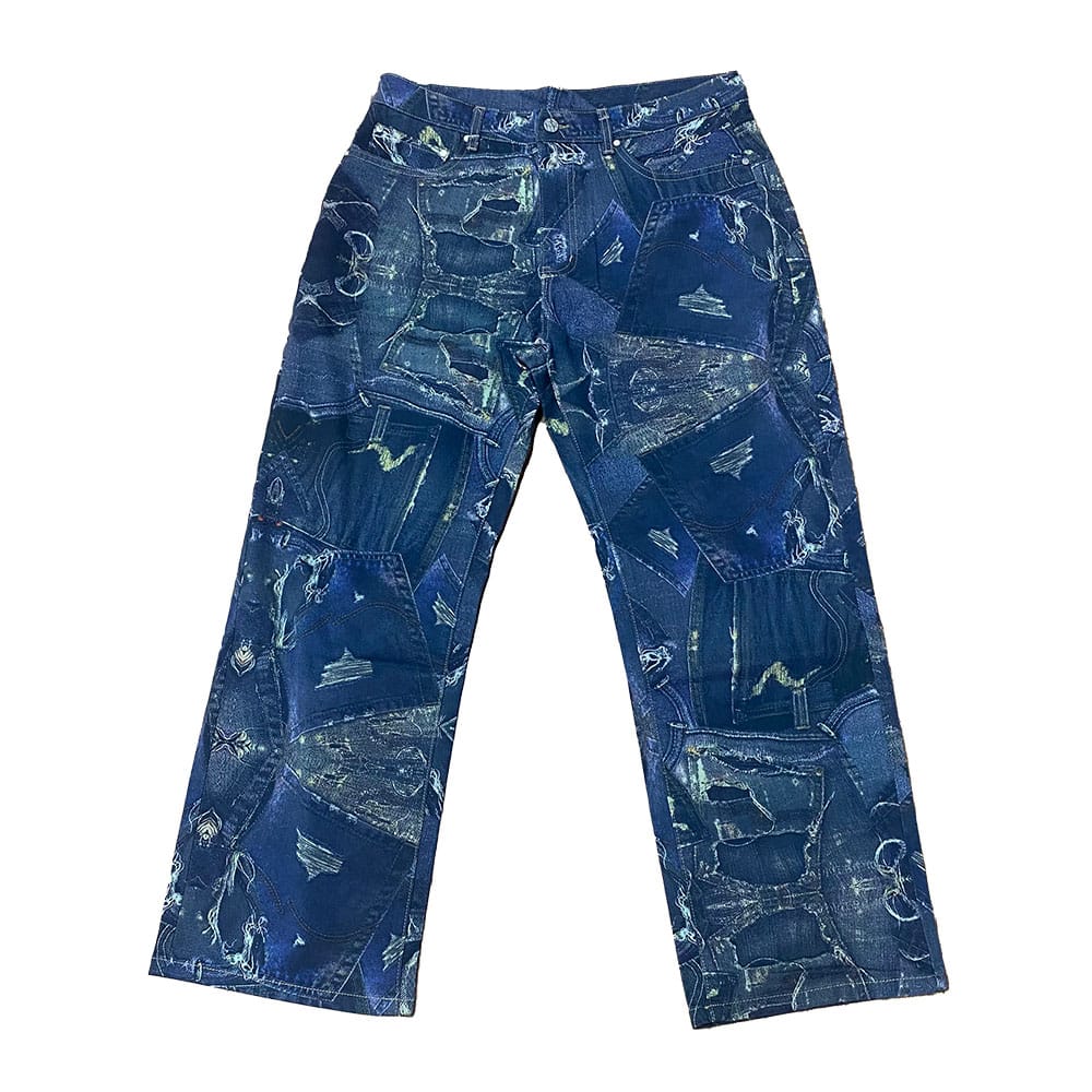 Custom full bleed digital printing denim pants front view for streetwear wholesale