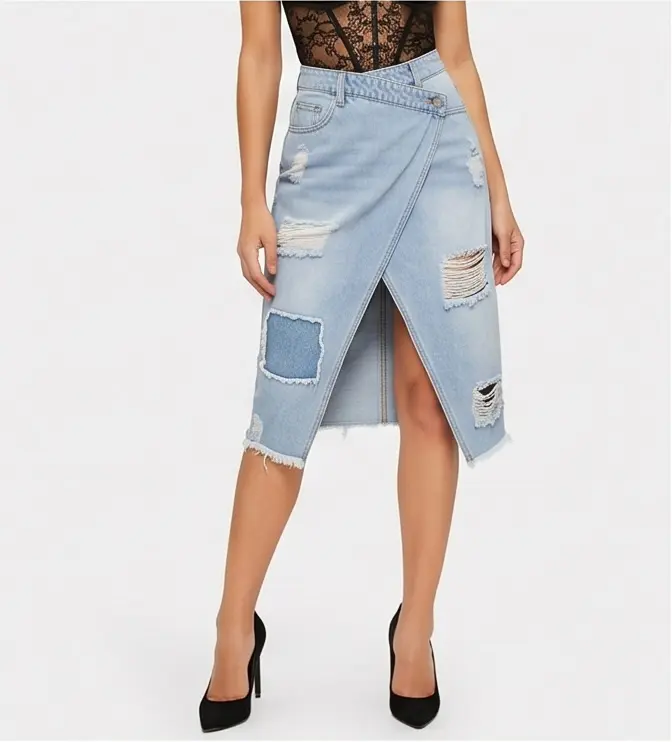Distressed Denim Midi Skirt