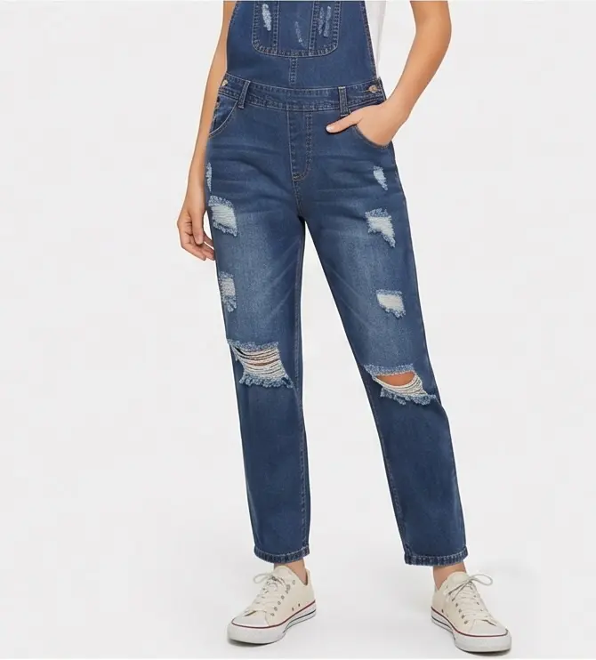 Slim Fit Denim Overalls with Subtle Rips