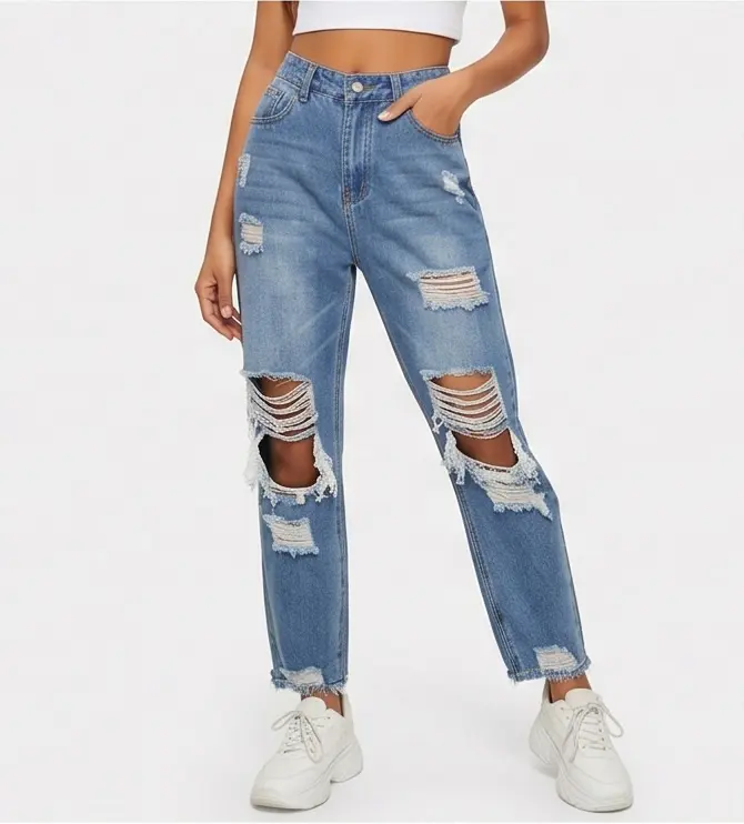 Tapered Mom Jeans with Heavy Distressing