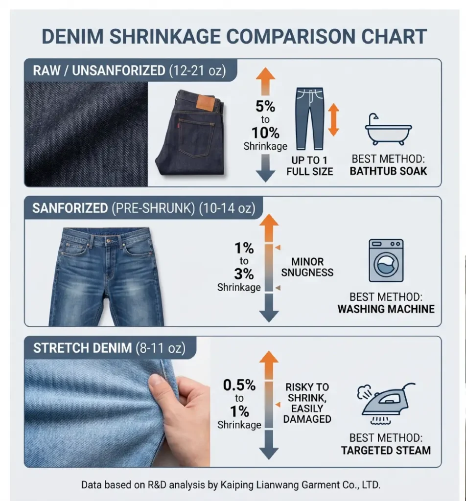 Denim shrinkage comparison chart