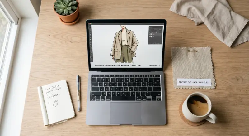 Designer sketching AI‑generated clothing concepts on a laptop