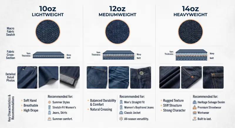 Comparison of denim fabric weight options from 10oz to 14oz for private label jeans production