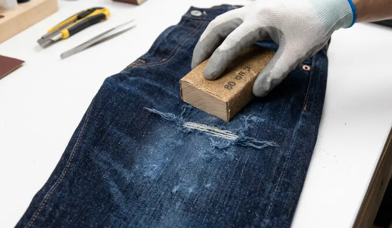 DIY distressing jeans tutorial: Close-up of 80-grit sandpaper creating surface abrasion on raw indigo denim
