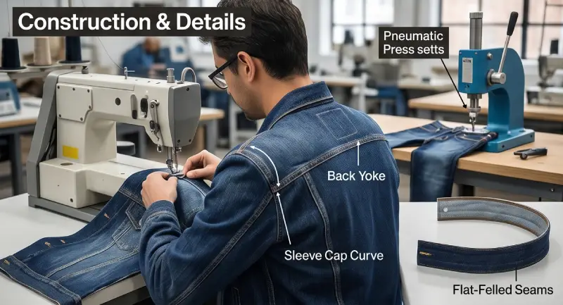 sewing flat-felled seams and pneumatic press hardware installation for custom jean jacket