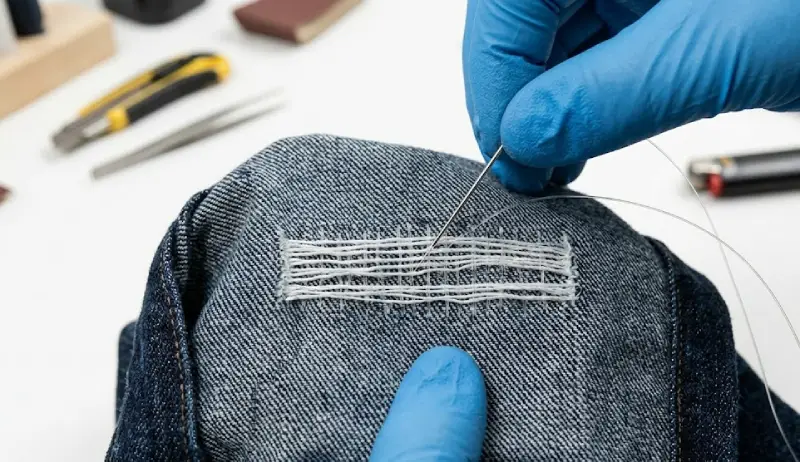 How to distress stretch jeans: Using a micro-flame to melt and seal exposed Spandex elastic fibers in denim.