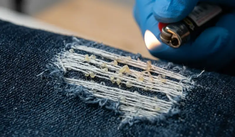 Repairing distressed jeans: Close-up of invisible cross-stitch using clear thread to reinforce exposed denim weft threads