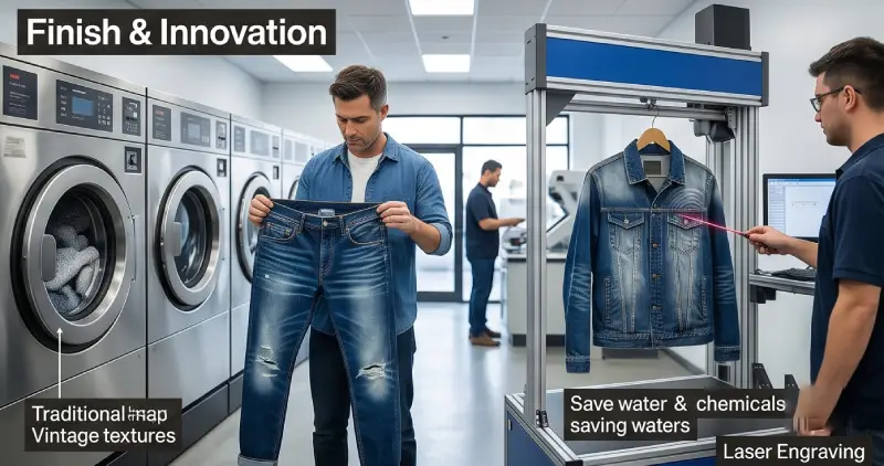 sustainable denim wash house and laser engraving eco-friendly finish technology