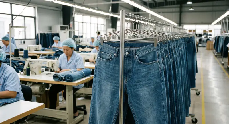 Premium white label denim jeans manufactured in a clothing factory apparel production line