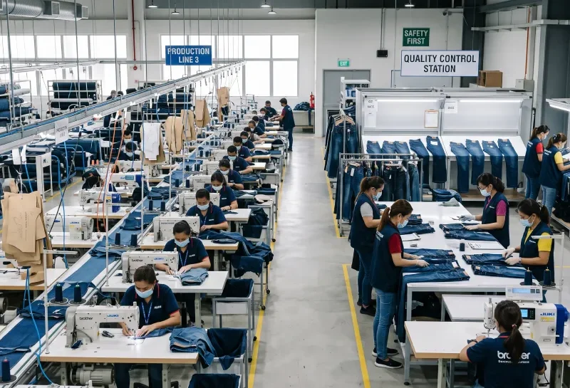 Modern denim factory floor with advanced sewing equipment and quality control stations for jeans manufacturing