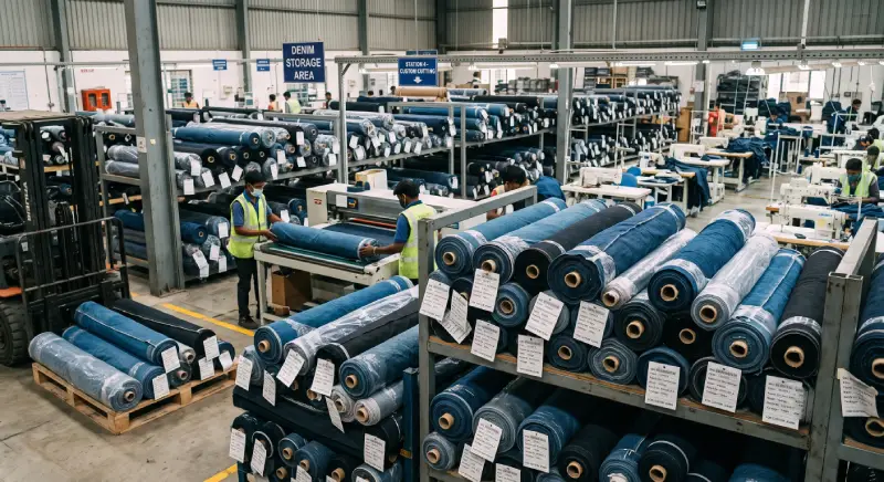 Rolls of denim fabric in a garment factory supply chain, ready for custom jeans production