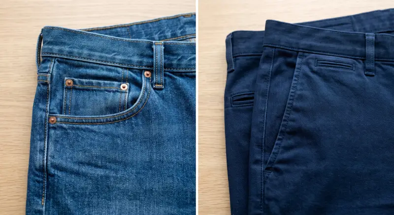 denim chinos vs traditional jeans pocket details