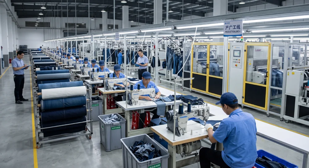 Professional denim apparel manufacturing facility with automated textile machinery and production lines