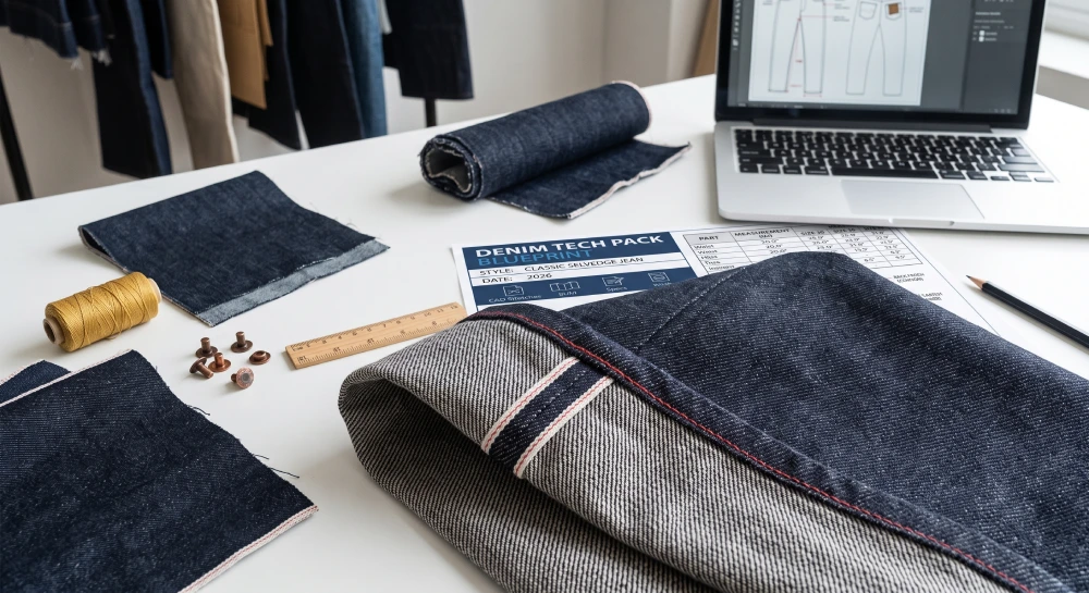 Close-up of premium raw selvedge denim fabric showing colored woven edge and twill texture