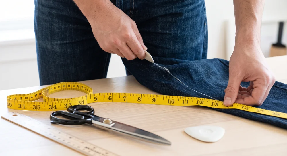 DIY denim cutoff shorts measurement guide showing inseam marking on jeans