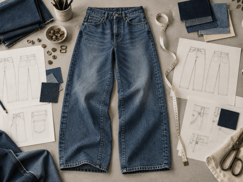 Baggy jeans tech pack with wide-leg denim, technical sketches, measuring tape and fabric swatches