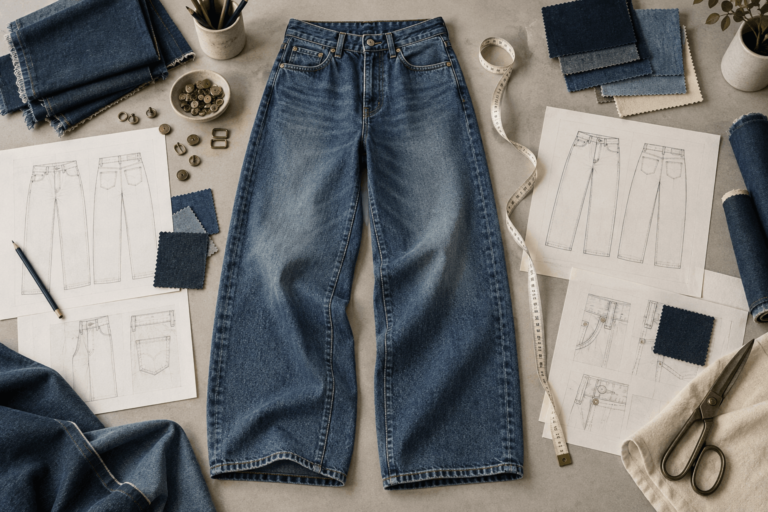 Baggy jeans tech pack with wide-leg denim, technical sketches, measuring tape and fabric swatches