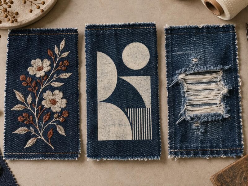 Custom denim samples with floral embroidery, geometric screen printing and distressed white weft threads