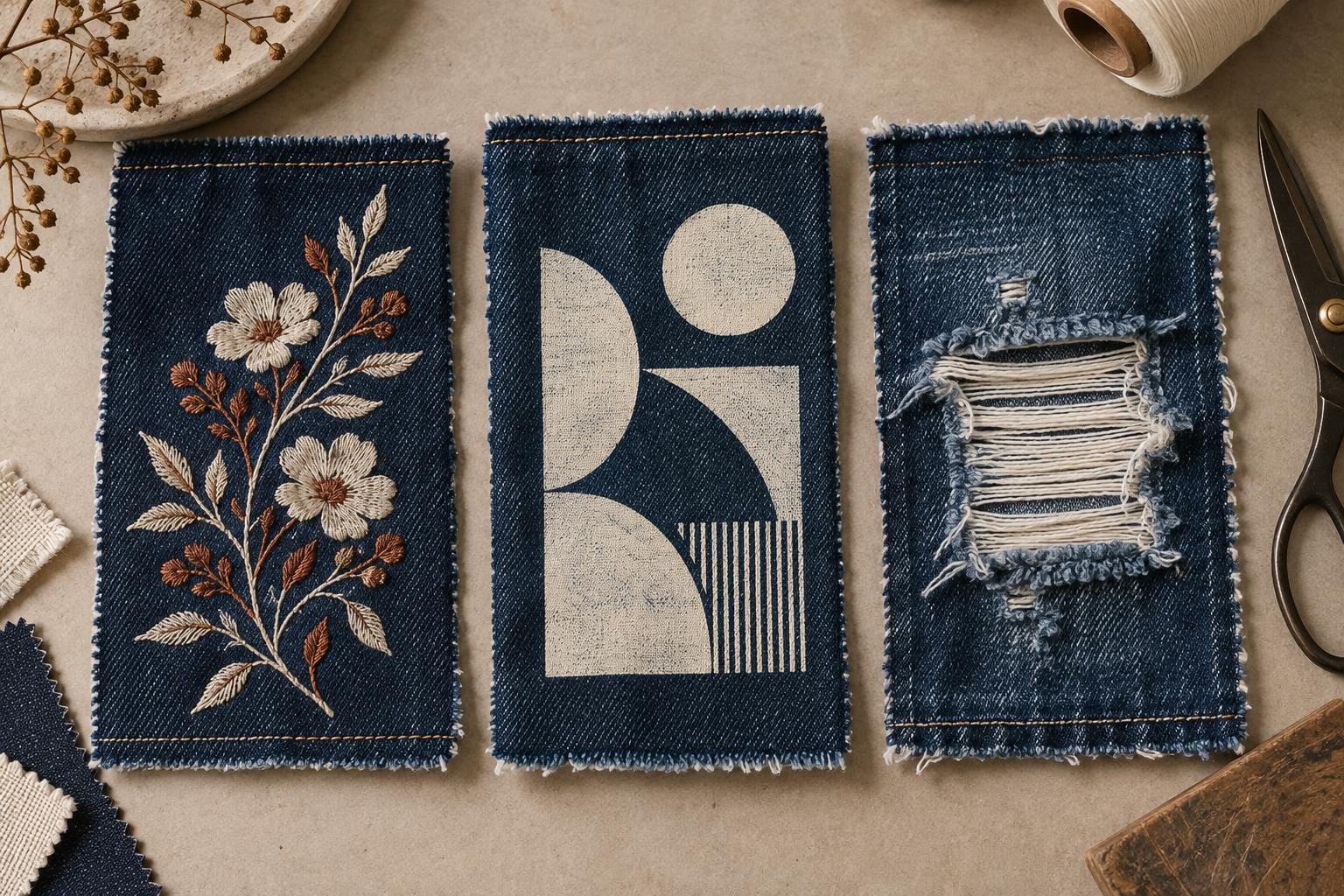 Custom denim samples showing embroidery, screen printing and distressed white weft threads