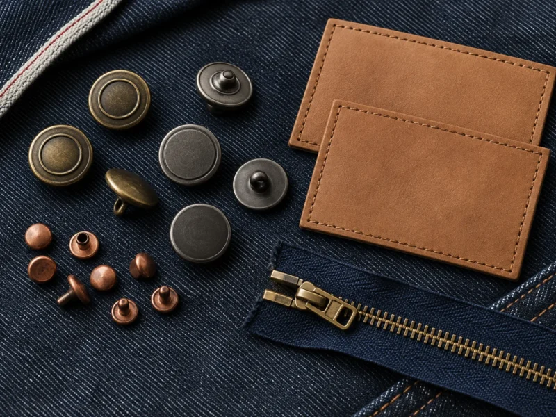 Custom denim trims with metal buttons, copper rivets, tan leather patches and a brass zipper on indigo denim
