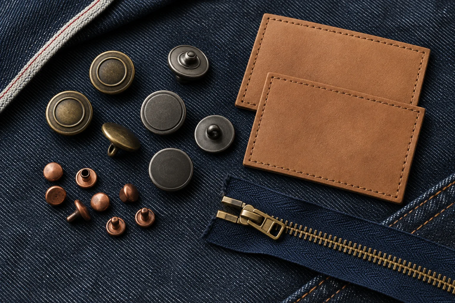 Custom denim trims with buttons, copper rivets, leather patches and a brass zipper on indigo denim