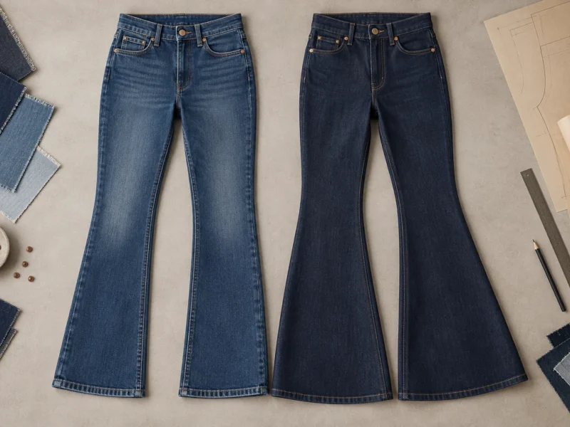 Custom flare and bootcut denim for women shown side by side with contrasting leg openings