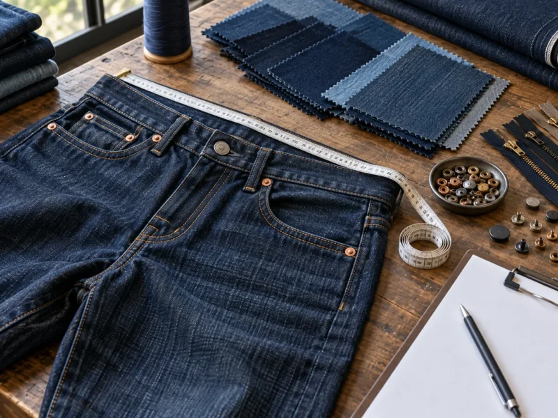 Custom jeans suppliers quality review with denim jeans, fabric swatches, measuring tape and trims
