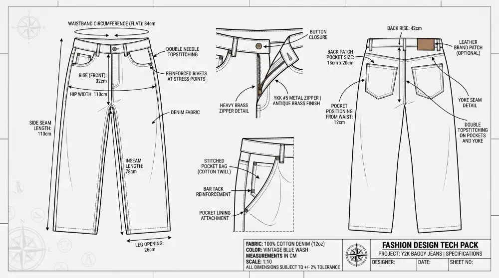 custom y2k baggy denim tech pack flat sketch