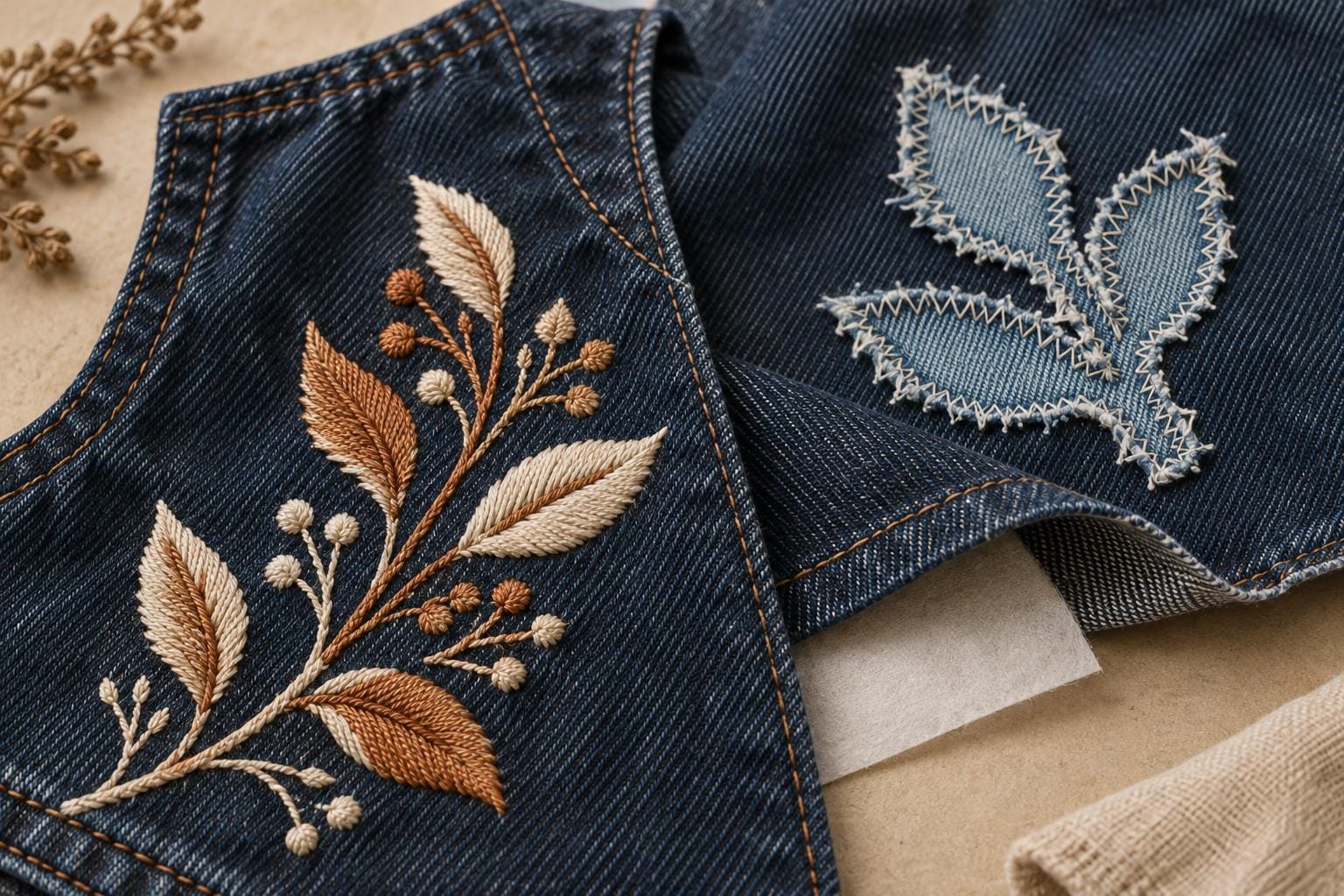 Cream and copper denim embroidery beside a frayed applique secured with zigzag stitches