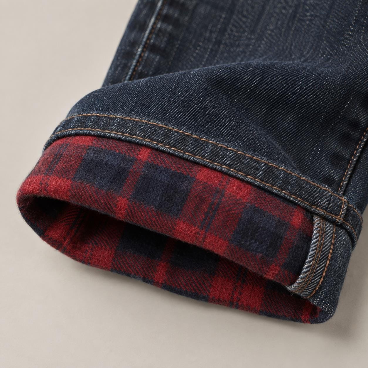 Close-up of plaid flannel lining and indigo denim cuff