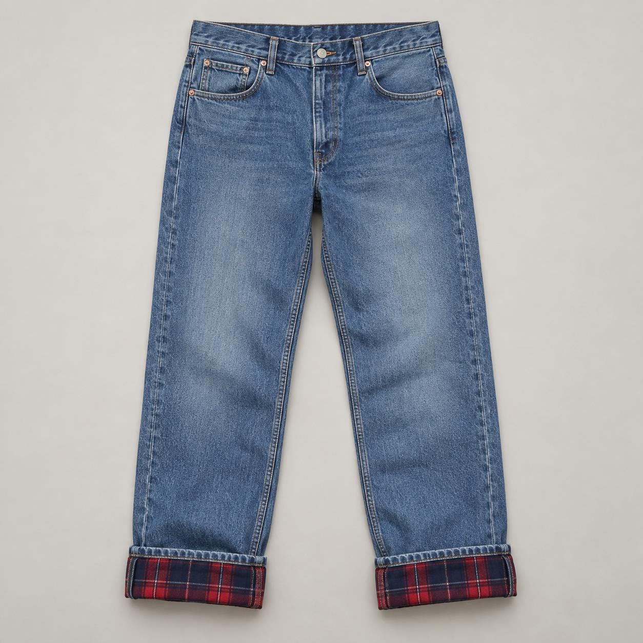 Relaxed blue denim jeans with turned-up flannel-lined cuffs
