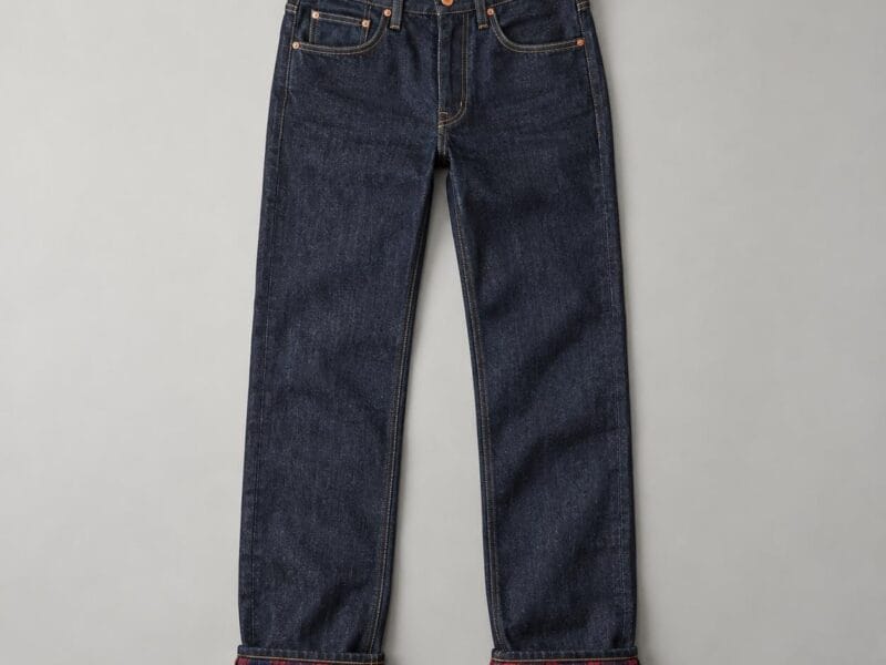 Dark indigo jeans with red plaid flannel lining turned over at the cuff for a winter warmth comparison