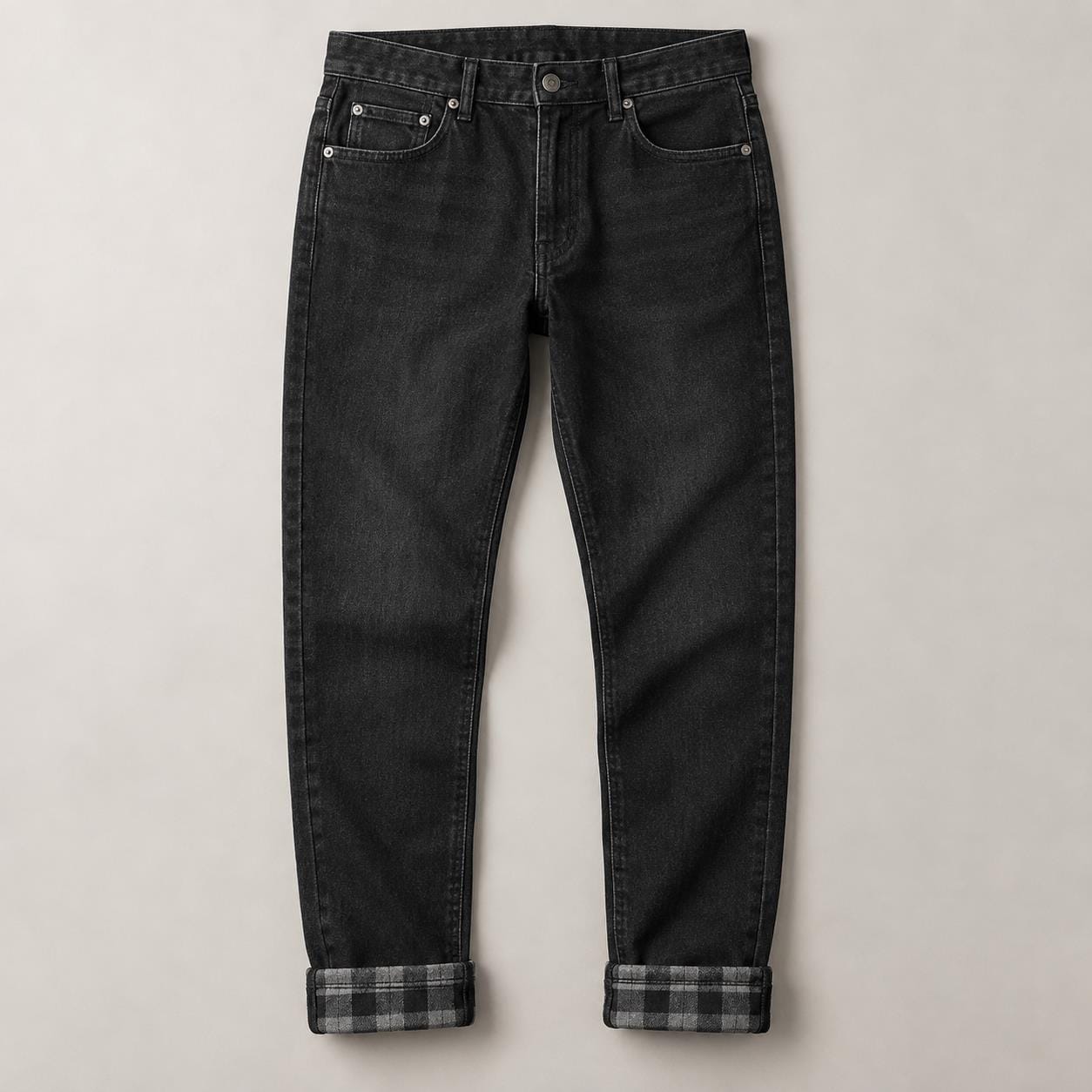Black tapered jeans with grey plaid flannel lining