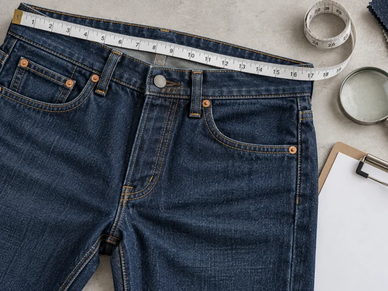 Denim QC checklist setup with jeans, waistband measuring tape and inspection tools