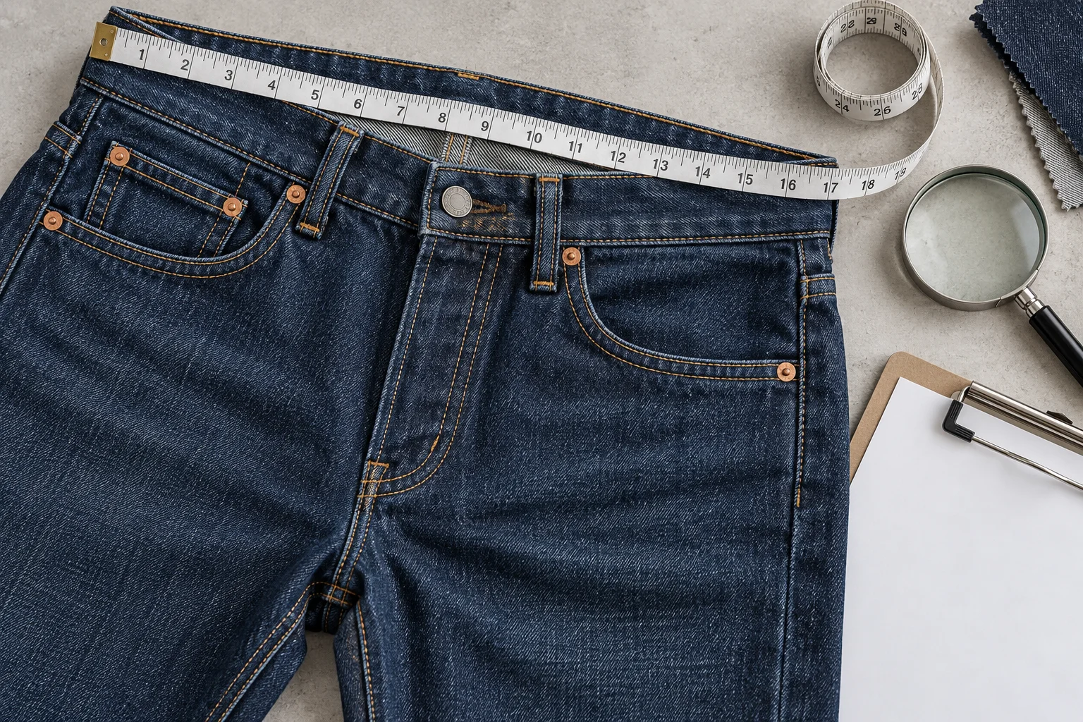 Denim QC checklist setup with jeans, waistband measuring tape and inspection tools
