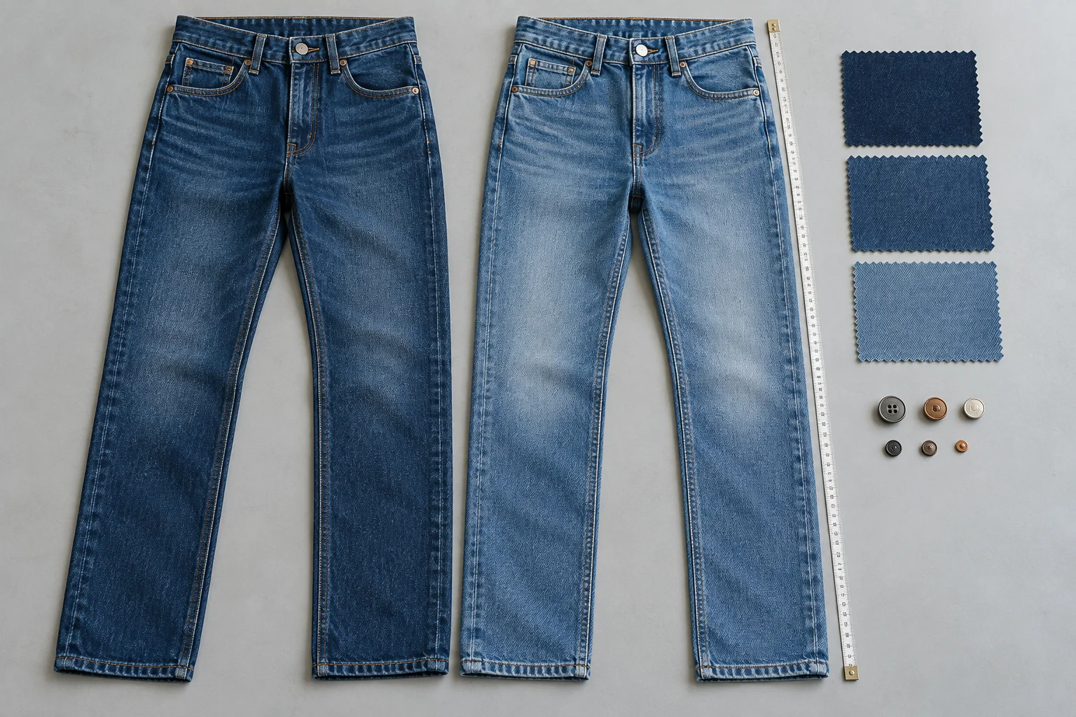 Two denim jeans samples beside wash swatches, measuring tape and buttons on a quality inspection table