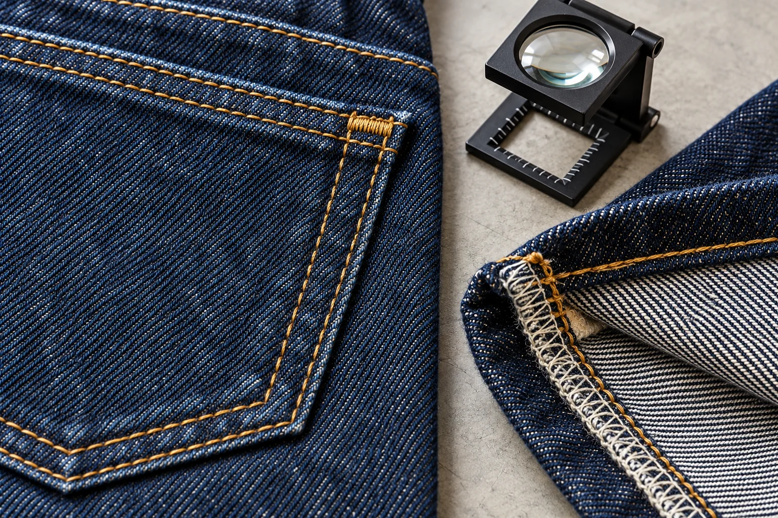 Close-up of denim pocket bartack, golden topstitching and inside seam beside an inspection magnifier