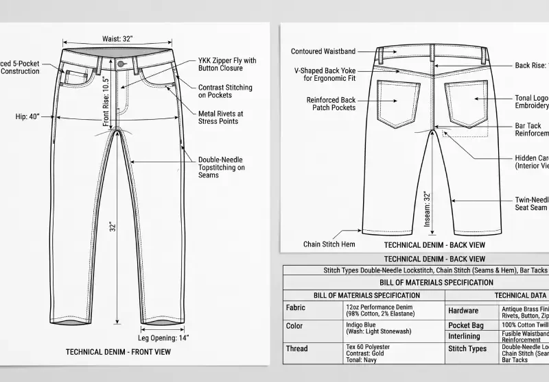 denim tech pack technical flat sketches callouts