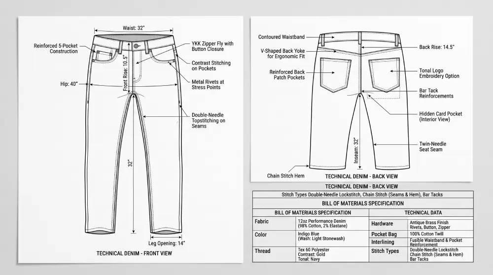 denim tech pack technical flat sketches callouts