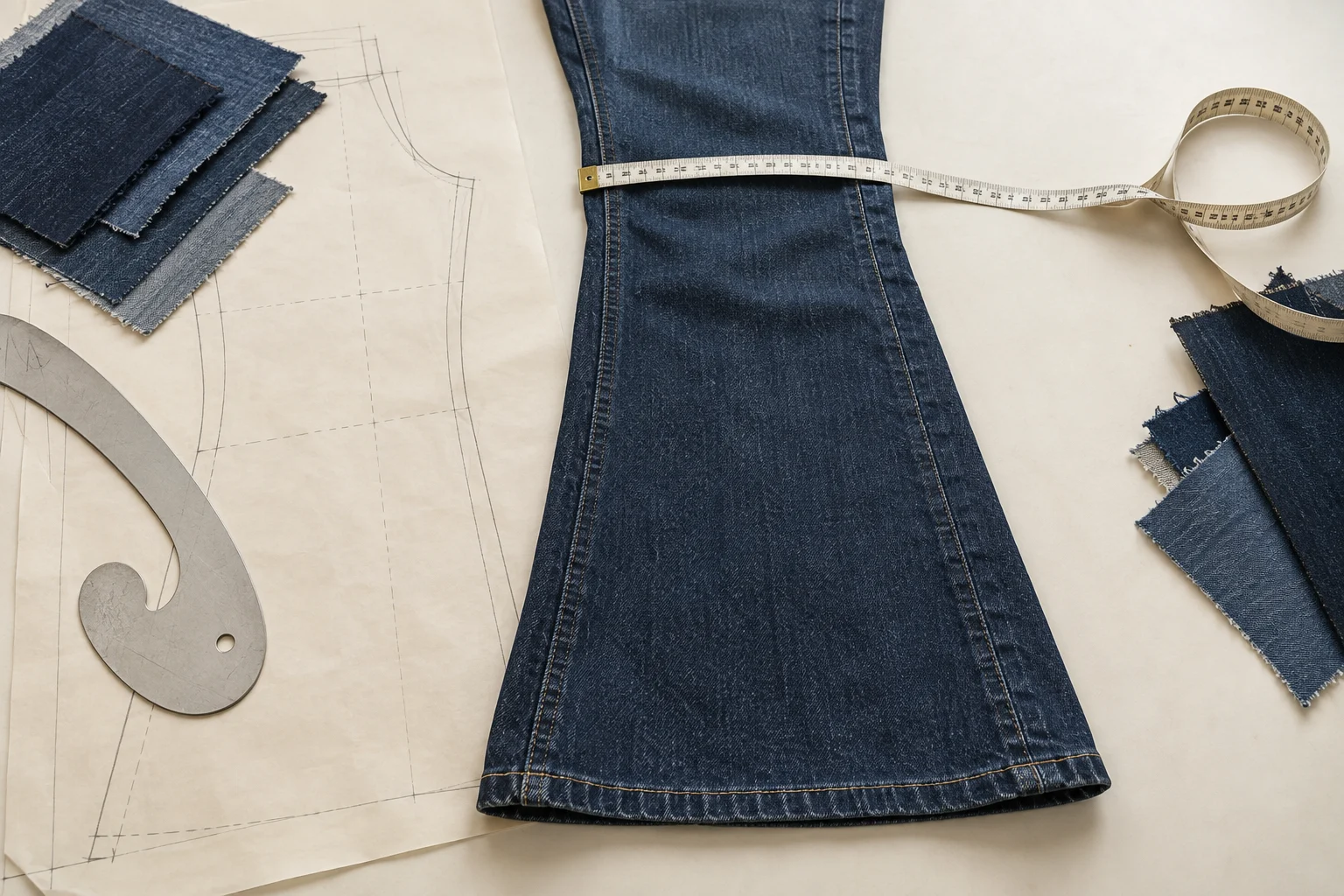 Flared denim leg with measuring tape and pattern paper for knee and hem development