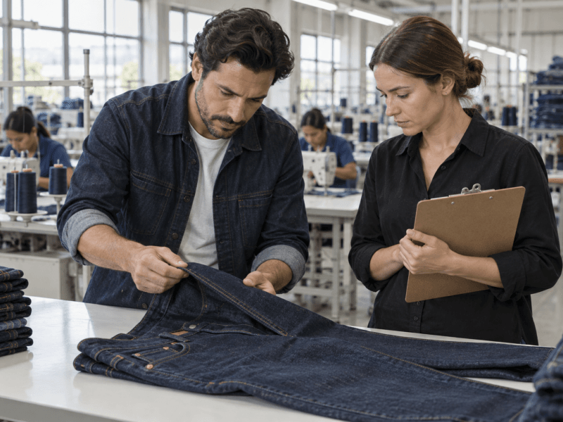 Jeans factory audit illustration with two inspectors checking denim workmanship