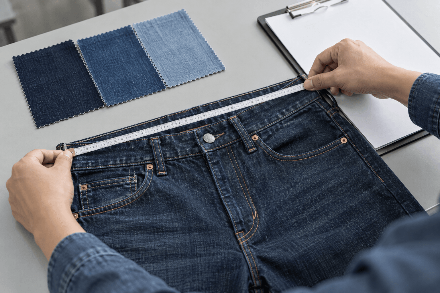 Inspector measuring a jeans waistband beside denim wash swatches and an inspection clipboard