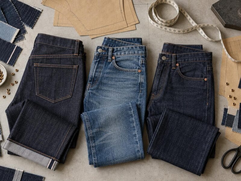 Indigo jeans samples with paper patterns, denim swatches, measuring tape and brass rivets