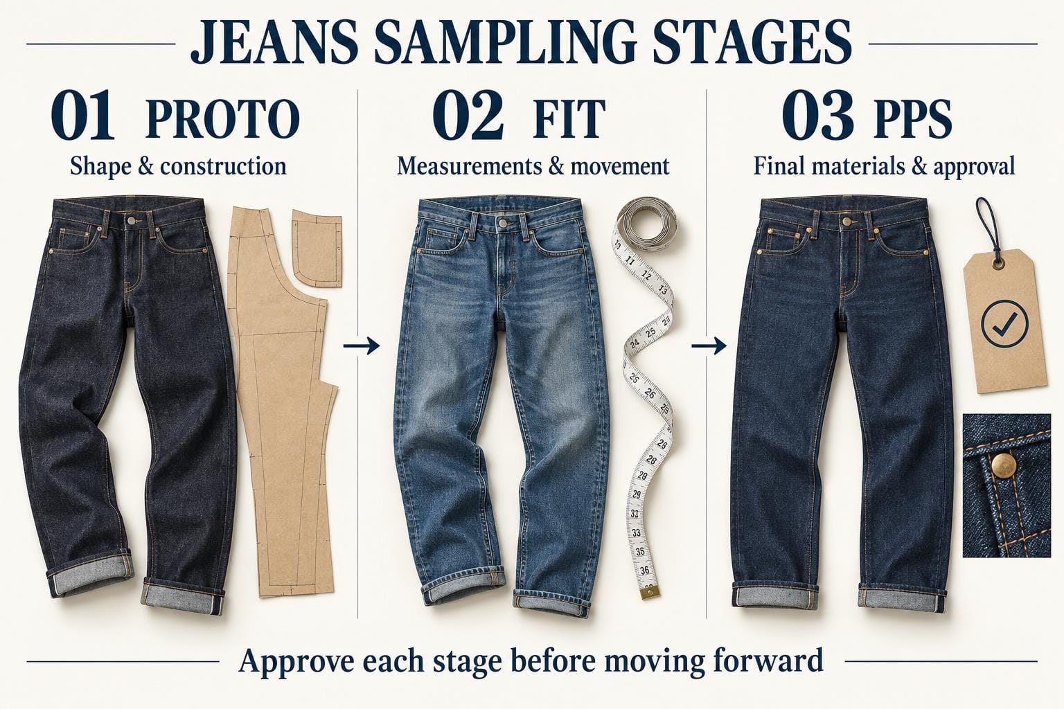 Jeans sampling guide showing Proto for shape, Fit for measurements and movement, and PPS for final approval
