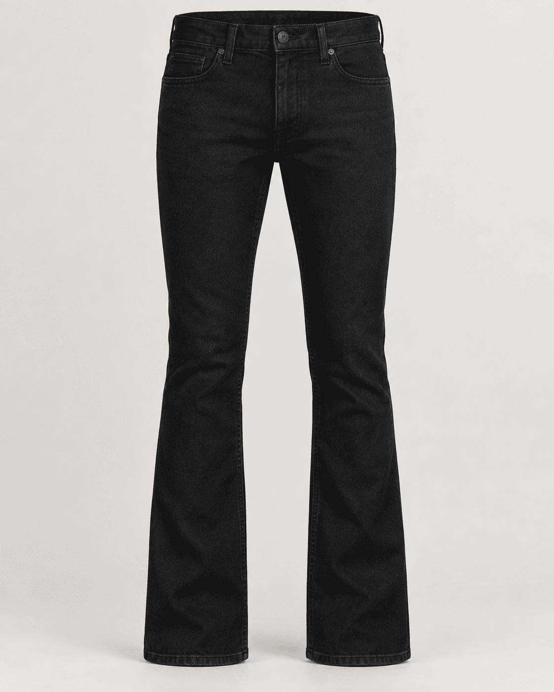 Black stretch denim men's slim bootcut jeans, front product view, black stitching, clean uniform black wash. AI-generated design reference.